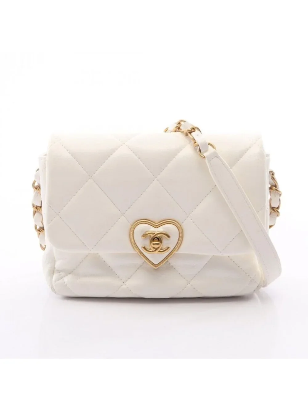 Chanel Shoulder Bag Quilted Heart Lock White Lambskin Small Chain